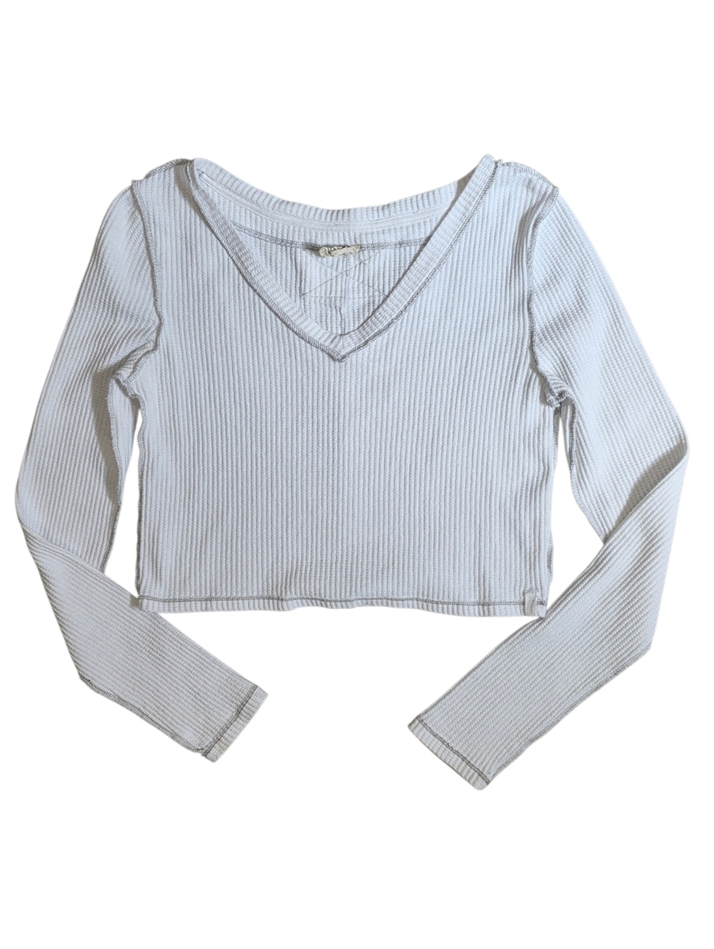We The Free White Waffle Knit Cropped V neck Long Sleeve Top Size Med